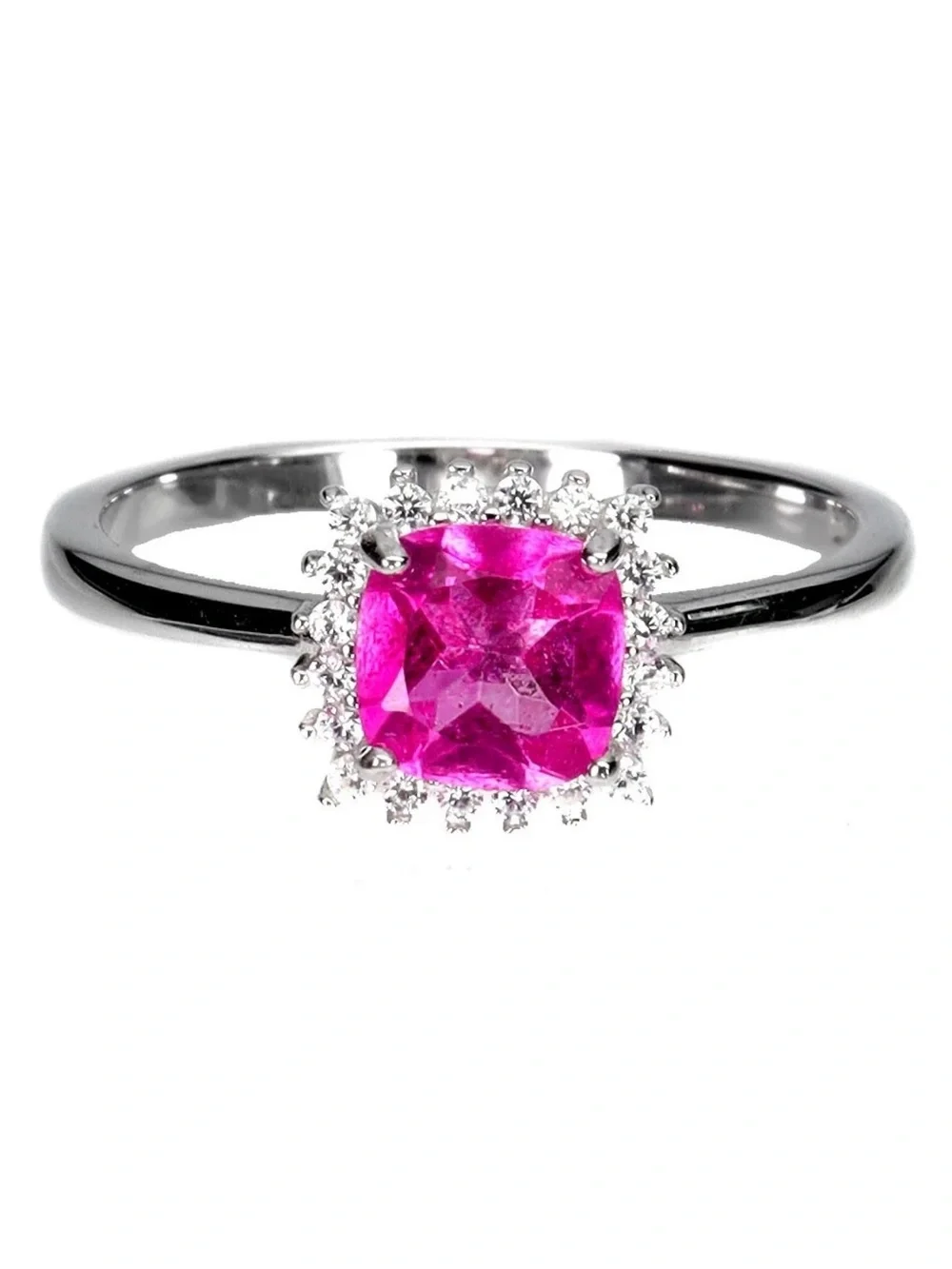Stunning Natural Pink Topaz 1.15CTCushion with halo in 14K White Gold Ring Sz 8